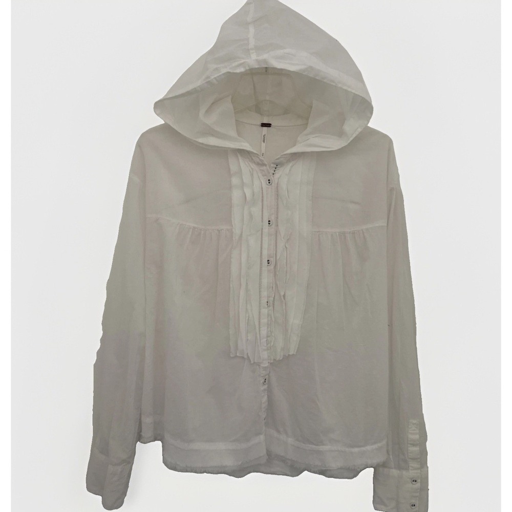 FREE PEOPLE Essential Shirt M White Cotton Long Sleeve Lightweight Boho Hooded